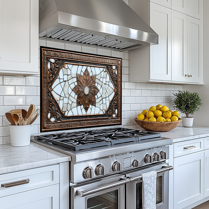 Copper Ottoman Tile Pattern Printed Tempered Glass Kitchen Splashback Backsplash Decorative Wall Panel for Stove Behind and Interior Decor