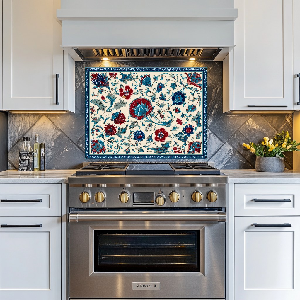Ottoman Inspired Turkish Glass Backsplash Tile, Decorative Kitchen Splashback, Custom Printed Glass, USA Made