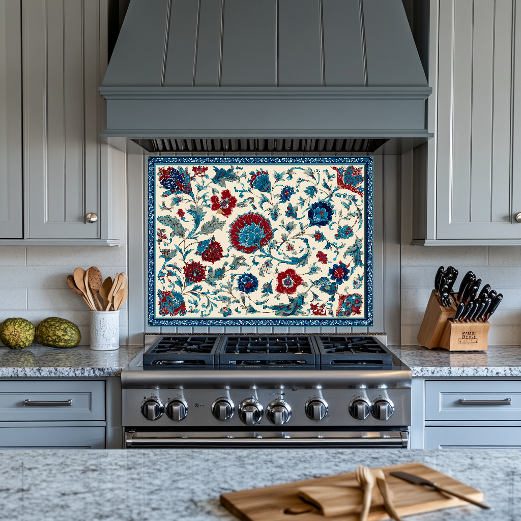Ottoman Inspired Turkish Glass Backsplash Tile, Decorative Kitchen Splashback, Custom Printed Glass, USA Made