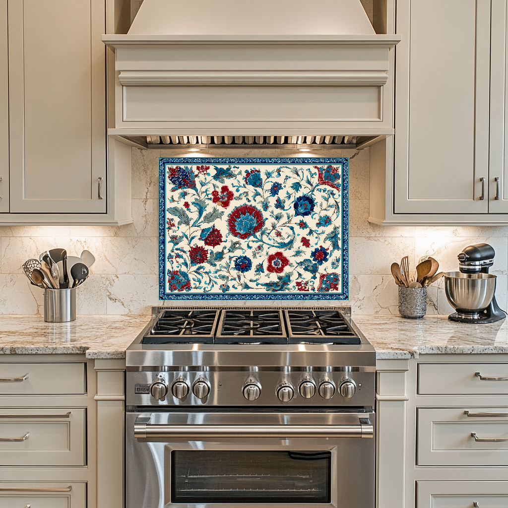 Ottoman Inspired Turkish Glass Backsplash Tile, Decorative Kitchen Splashback, Custom Printed Glass, USA Made