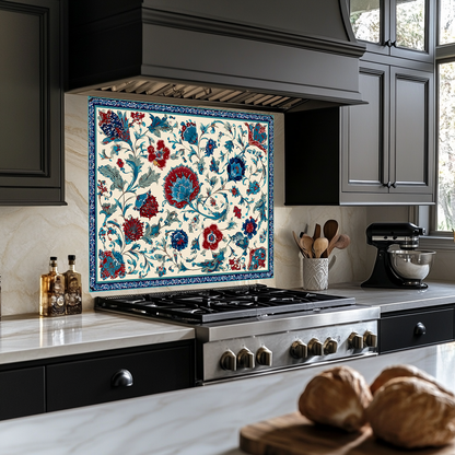 Ottoman Inspired Turkish Glass Backsplash Tile, Decorative Kitchen Splashback, Custom Printed Glass, USA Made