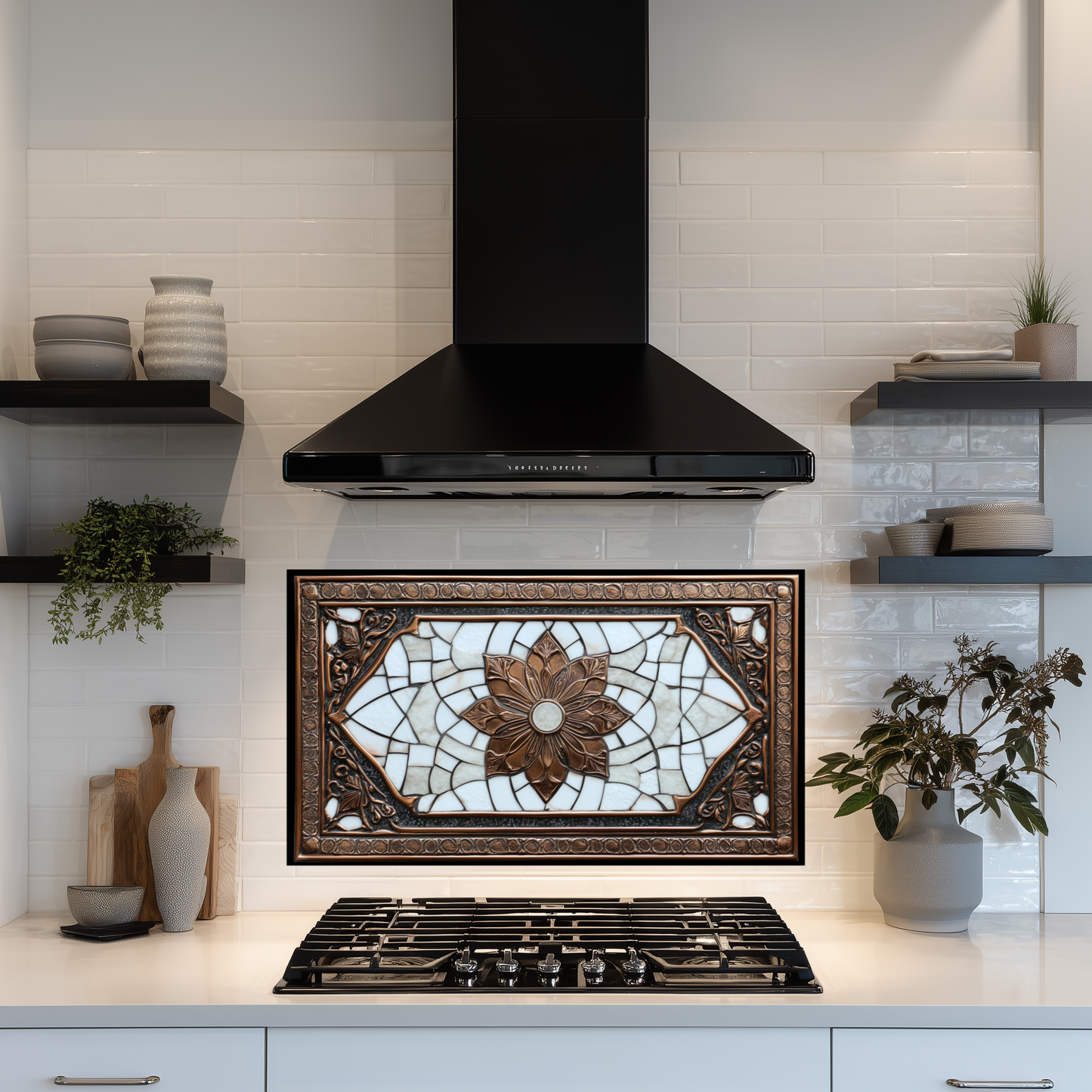Copper Ottoman Tile Pattern Printed Tempered Glass Kitchen Splashback Backsplash Decorative Wall Panel for Stove Behind and Interior Decor
