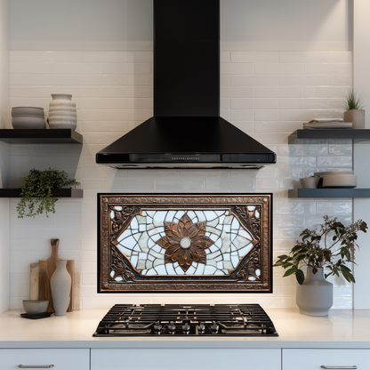 Copper Ottoman Tile Pattern Printed Tempered Glass Kitchen Splashback Backsplash Decorative Wall Panel for Stove Behind and Interior Decor
