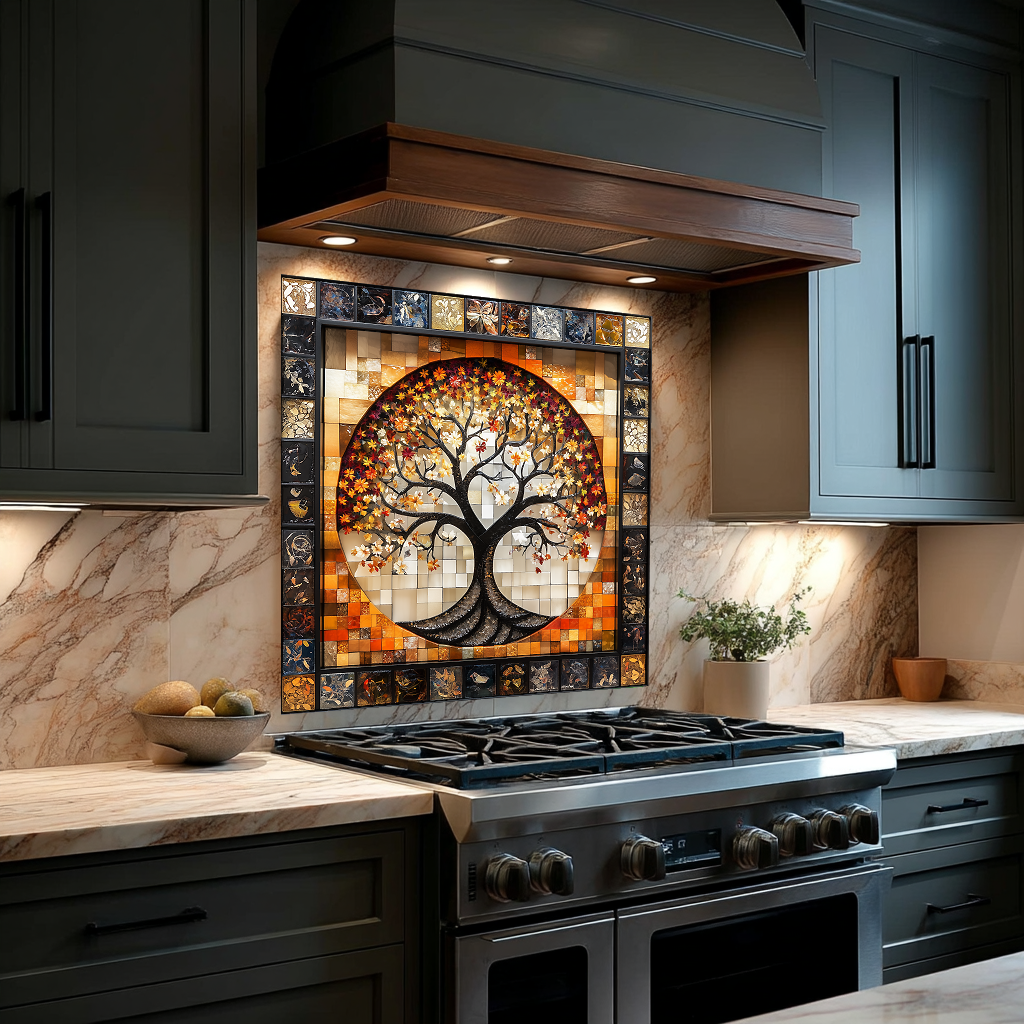 Stunning Life of Tree Mosaic Look One Piece Tempered Glass Kitchen Backsplash for Stove Behind, Kitchen Splashback, Glass Wall Art