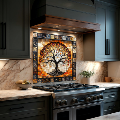 Stunning Life of Tree Mosaic Look One Piece Tempered Glass Kitchen Backsplash for Stove Behind, Kitchen Splashback, Glass Wall Art