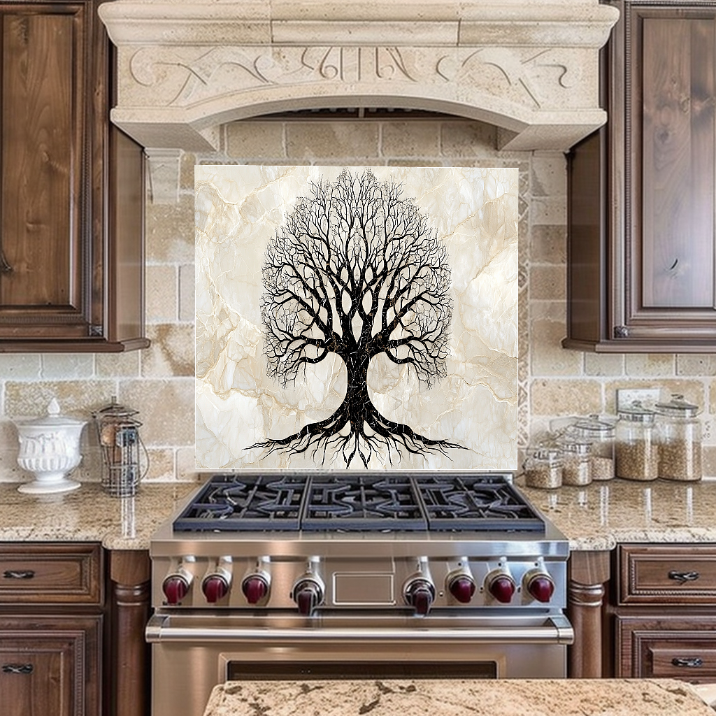 Marble Tree of Life Design Printed Tempered Glass Kitchen Backsplash Splashback Decorative Wall Art Panel for Modern Home Interiors