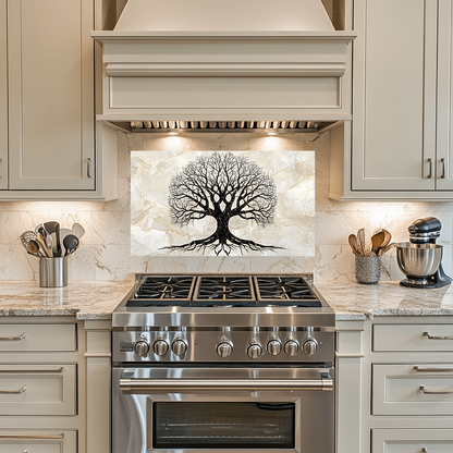 Marble Tree of Life Design Printed Tempered Glass Kitchen Backsplash Splashback Decorative Wall Art Panel for Modern Home Interiors