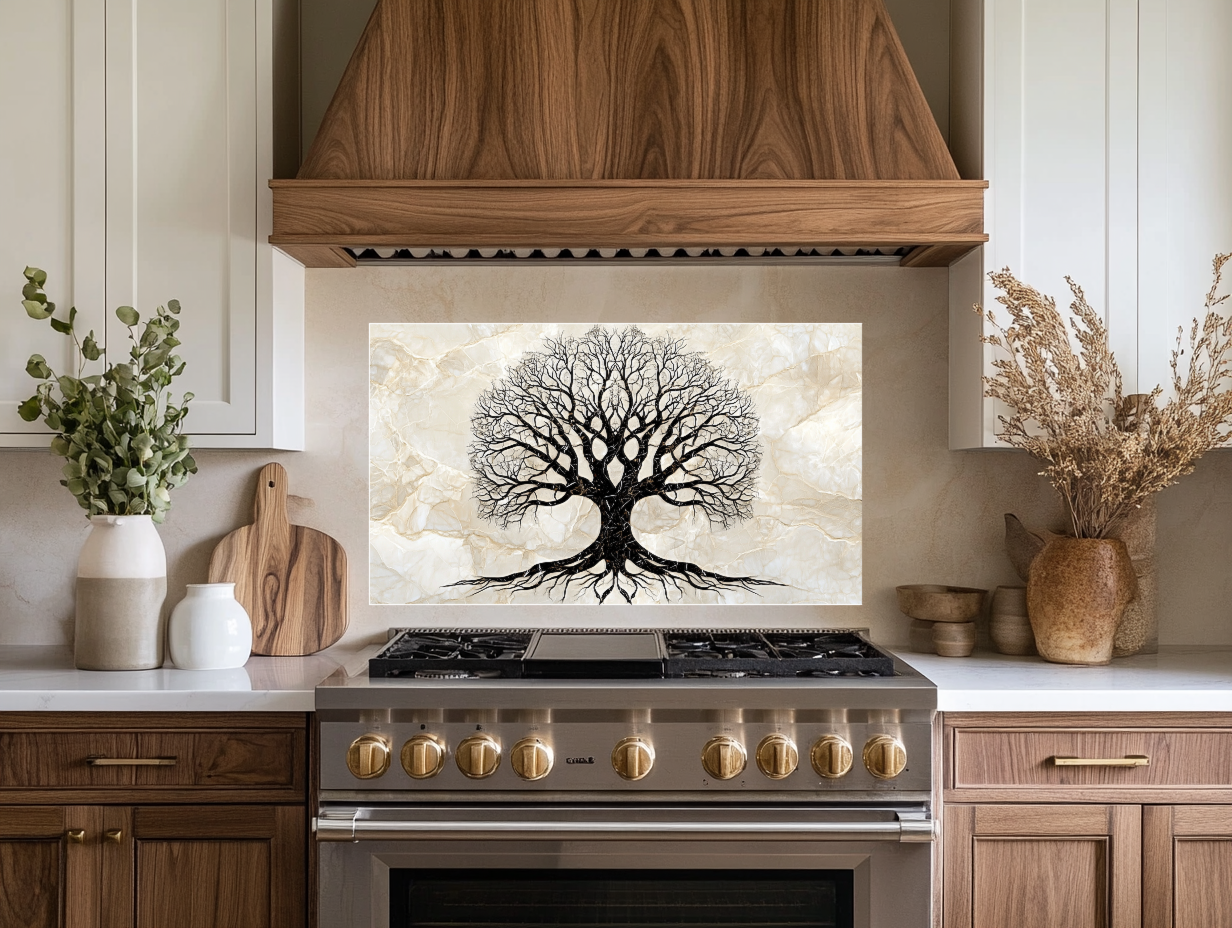 Marble Tree of Life Design Printed Tempered Glass Kitchen Backsplash Splashback Decorative Wall Art Panel for Modern Home Interiors