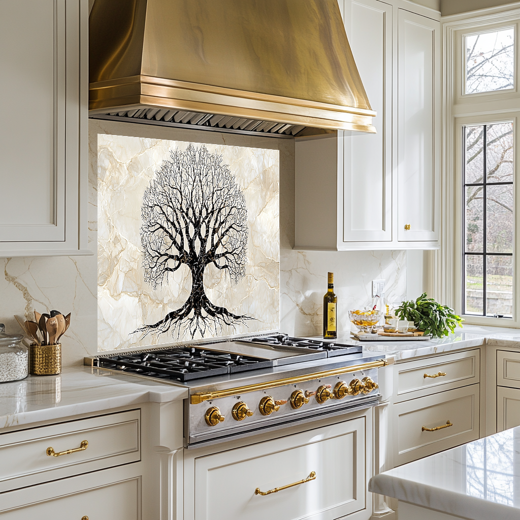 Marble Tree of Life Design Printed Tempered Glass Kitchen Backsplash Splashback Decorative Wall Art Panel for Modern Home Interiors