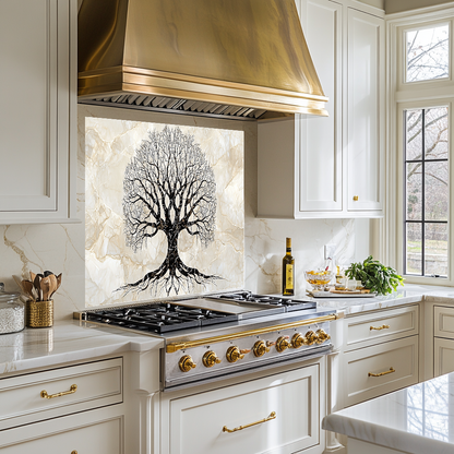 Marble Tree of Life Design Printed Tempered Glass Kitchen Backsplash Splashback Decorative Wall Art Panel for Modern Home Interiors