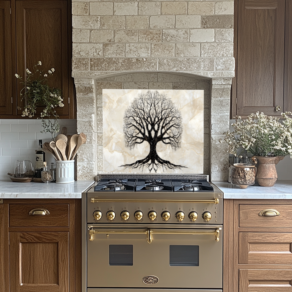 Marble Tree of Life Design Printed Tempered Glass Kitchen Backsplash Splashback Decorative Wall Art Panel for Modern Home Interiors