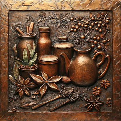 Copper Look Spice Bottles Print One Piece Tempered Glass Kitchen Splashback For Stove Behind, Kitchen Backsplash, Wall Art