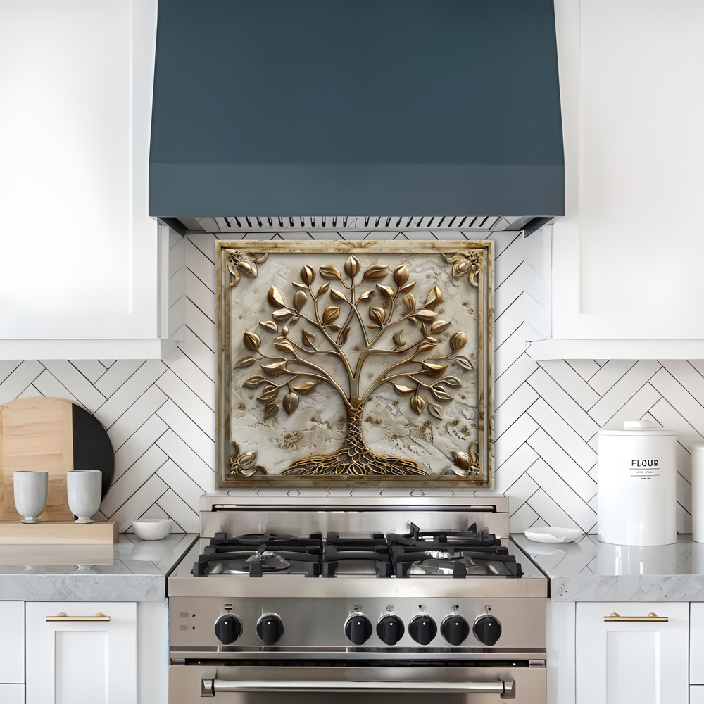 Stone Background Look Golden Tree of Life One Piece Tempered Glass Kitchen Splashback For Stove Behind, Kitchen Backsplash, Kitchen Backsplash, Wall Art