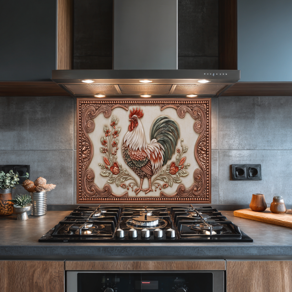 Copper Embossed Mediterranean Rooster Glass Backsplash • Rustic Kitchen Panel • Artistic Farmhouse Tile Design • Traditional Wall Piece