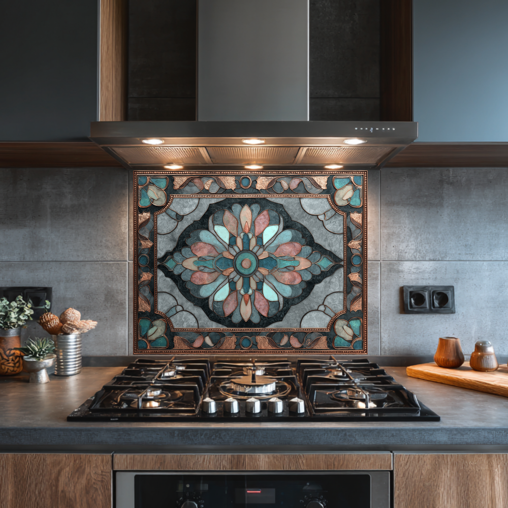 Ottoman Pattern on Marble Print Background Glass Backsplash for Kitchen Stove, Custom Wall Art, Heat-Resistant Kitchen Decor