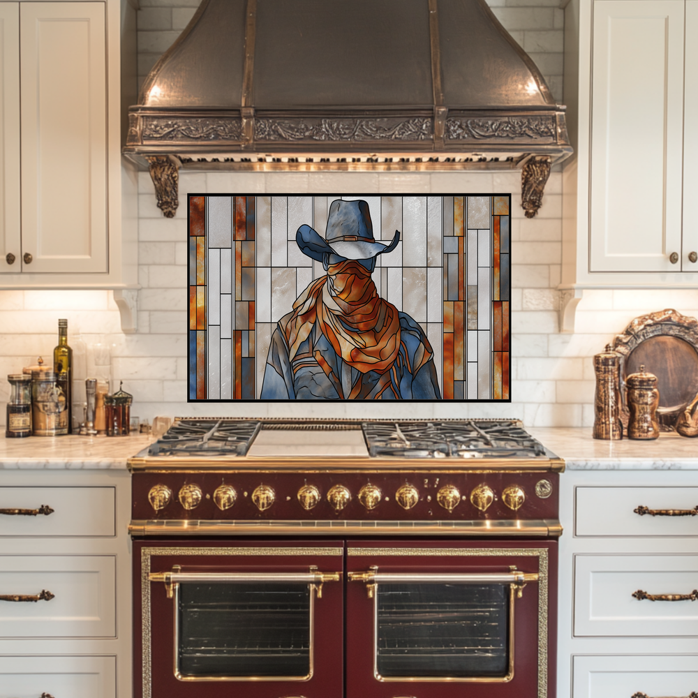 Stained Glass Style Western Cowboy Glass Backsplash Panel, UV Printed Tempered Kitchen Wall Art, Rustic Western Home Decor