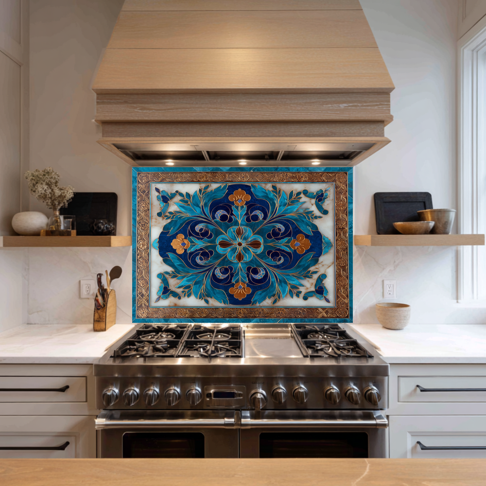 Blue Traditional Glass Backsplash Panel for Kitchen, Tempered Glass Wall Art, Classic Tile Pattern Decor