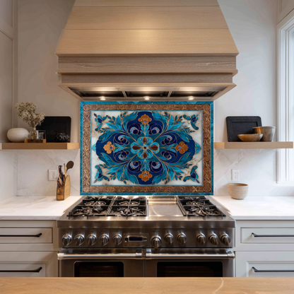Blue Traditional Glass Backsplash Panel for Kitchen, Tempered Glass Wall Art, Classic Tile Pattern Decor