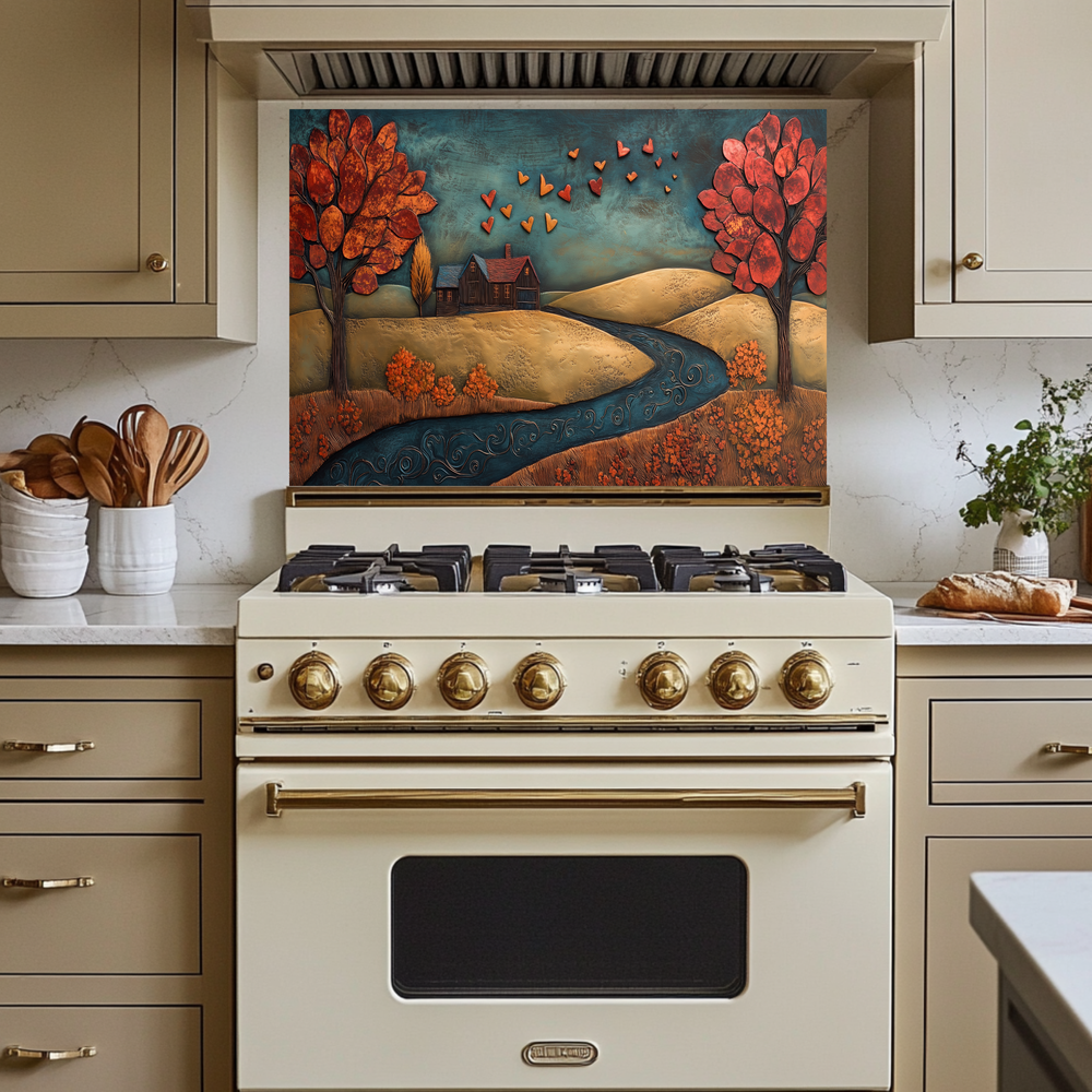 Romantic House Landscape with Hearts Printed Tempered Glass Kitchen Backsplash Splashback or Wall Art Panel for Cozy Home Decor