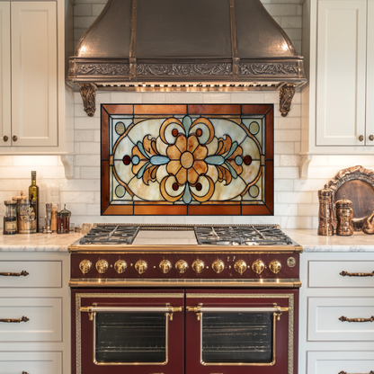 Floral Stained Look Glass Style Backsplash Panel, Tempered Glass Wall Art, Timeless Color Design, Elegant Kitchen Decor, Stove Protector