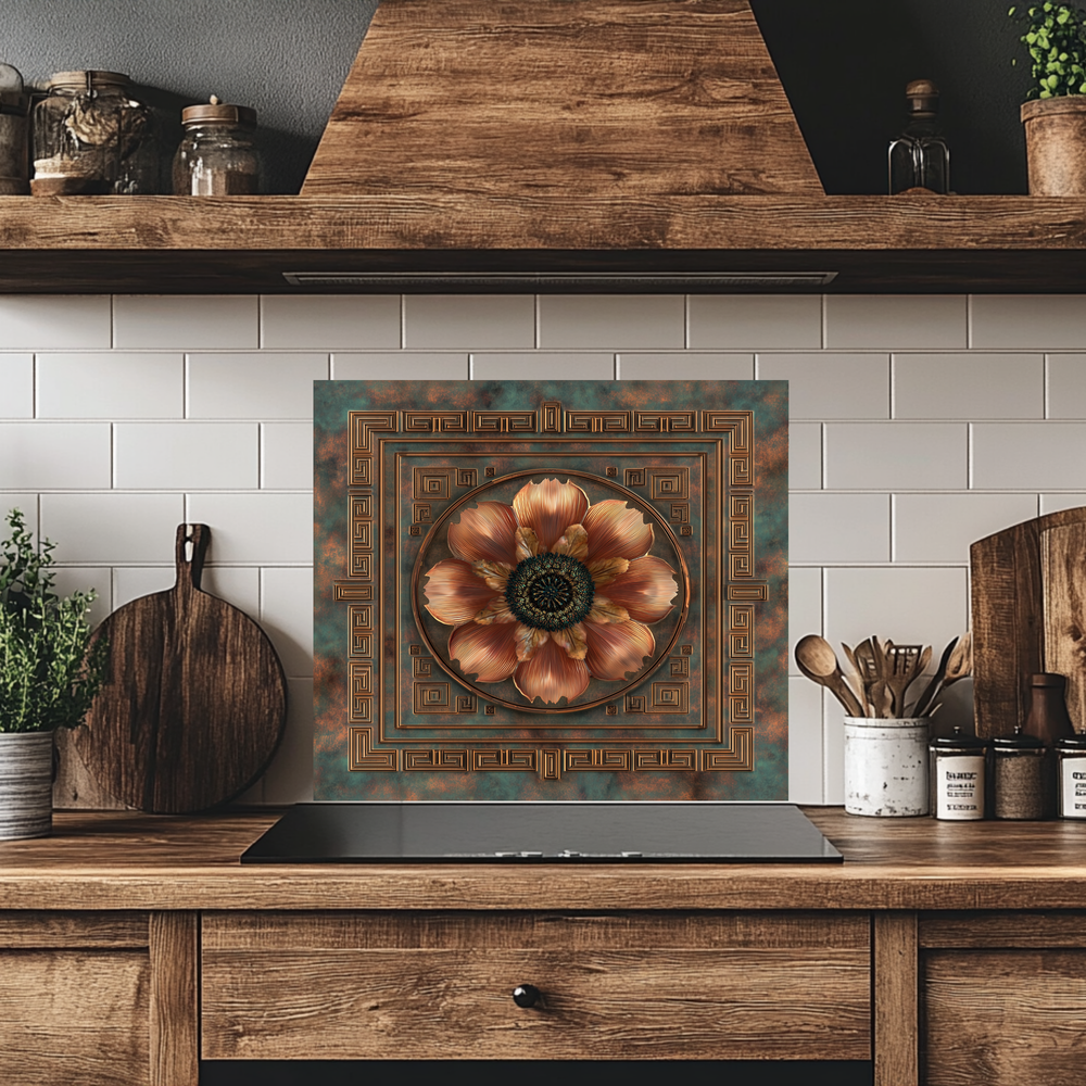Floral Copper Look Kitchen Backsplash, Pattern Tile One Piece Tempered Glass Kitchen Splashback For Stove Behind
