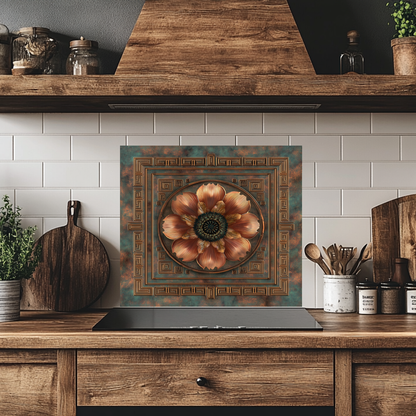 Floral Copper Look Kitchen Backsplash, Pattern Tile One Piece Tempered Glass Kitchen Splashback For Stove Behind