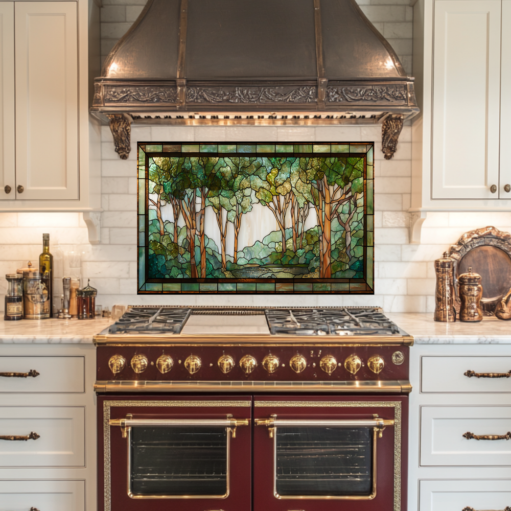 Stained Glass Look Forest Backsplash, Woodland Tree Scene Printed on Tempered Glass, Nature Inspired Kitchen Wall Art Panel