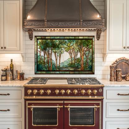 Stained Glass Look Forest Backsplash, Woodland Tree Scene Printed on Tempered Glass, Nature Inspired Kitchen Wall Art Panel