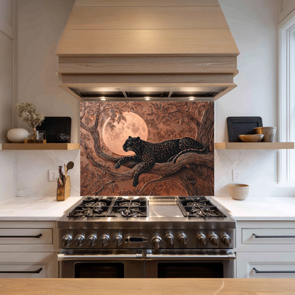 Copper Leopard Nature Glass Backsplash Panel, Tempered Glass Wall Art, Wild Jungle Rustic Kitchen Decor, Animal Print Stove Protector