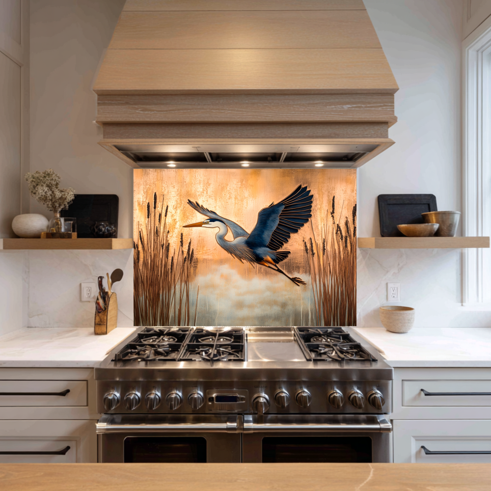 Copper Blue Heron Glass Backsplash Panel, Nature Inspired Kitchen Wall Art, Bird Theme Decorative Glass Tile, Rustic Coastal Home Decor
