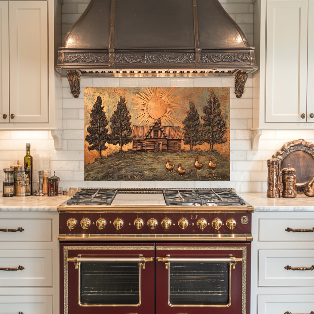 Copper Look Nature and Roosters Landscape Glass Backsplash • Rustic Wall Art Panel • Peaceful Home Decor • Decorative Tile for Stove Behind