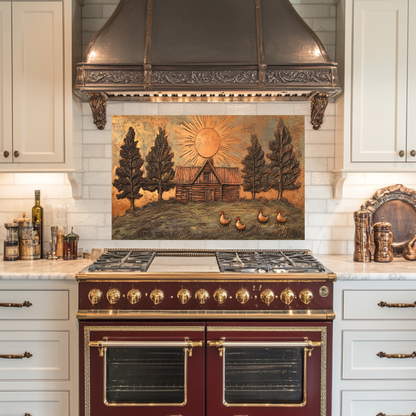 Copper Look Nature and Roosters Landscape Glass Backsplash • Rustic Wall Art Panel • Peaceful Home Decor • Decorative Tile for Stove Behind