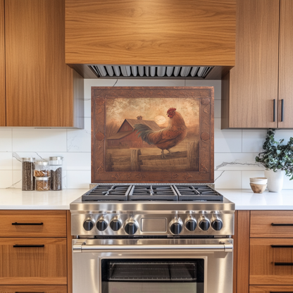 Copper Embossed Look Mediterranean Rooster Glass Backsplash • Rustic Kitchen Panel • Artistic Farmhouse Tile Design • Traditional Wall Piece