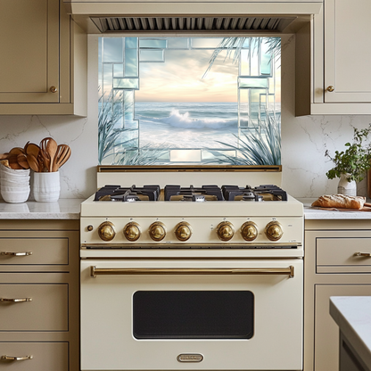 Ocean Landscape Scene Printed Tempered Glass Kitchen Backsplash Splashback Decorative Wall Art Panel for Modern Coastal Home Decor