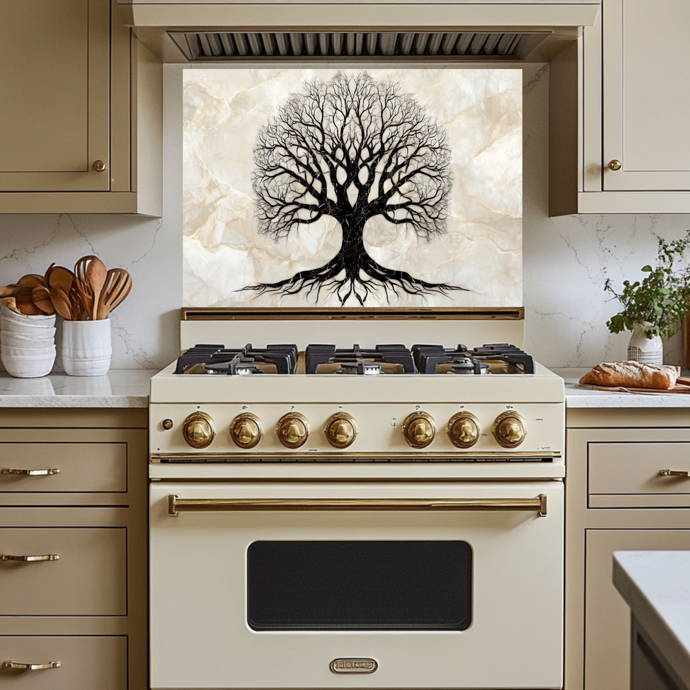 Marble Tree of Life Design Printed Tempered Glass Kitchen Backsplash Splashback Decorative Wall Art Panel for Modern Home Interiors