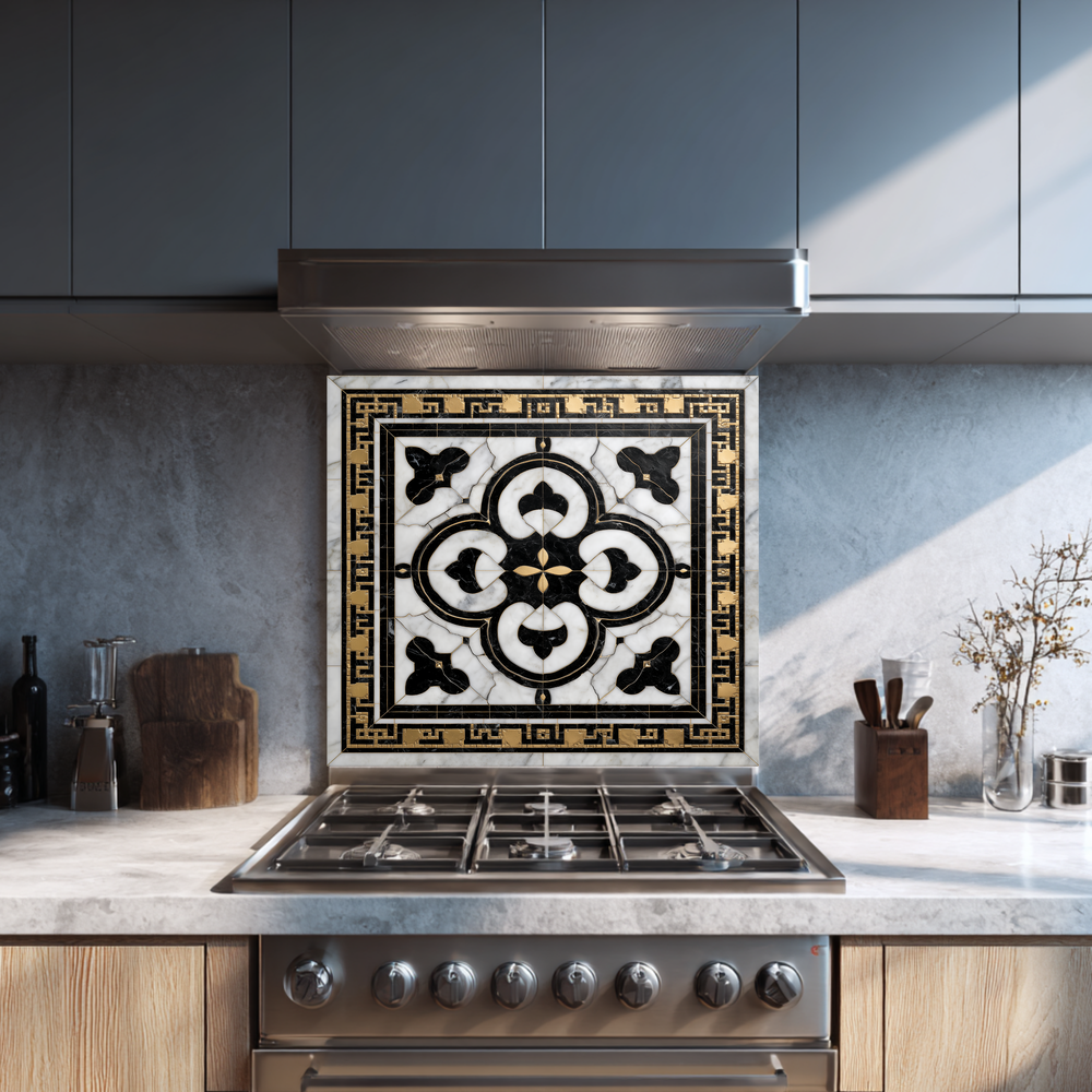 Ottoman Pattern on Marble Print Background Glass Backsplash for Kitchen Stove, Custom Wall Art, Heat-Resistant Kitchen Decor