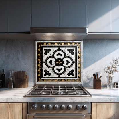 Ottoman Pattern on Marble Print Background Glass Backsplash for Kitchen Stove, Custom Wall Art, Heat-Resistant Kitchen Decor