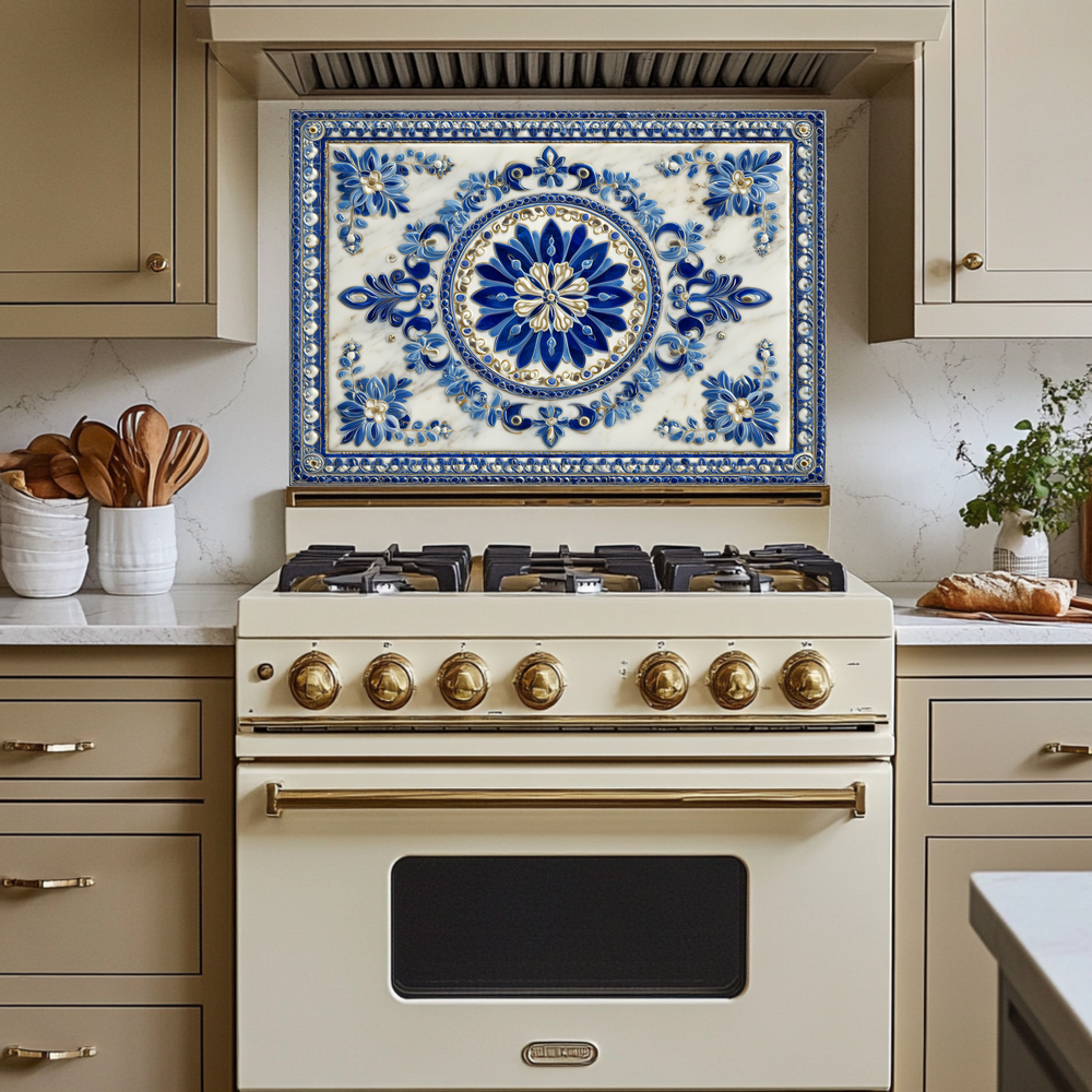 Turkish Tile Pattern Glass Backsplash Panel, Tempered Glass Wall Art, Traditional Anatolian Design, Elegant Kitchen Decor, Stove Protector