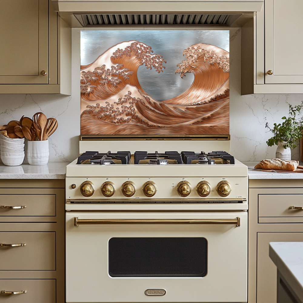 Copper Look Ocean Wave Glass Backsplash • Coastal Wall Art Panel • Artistic Blue Water Kitchen Decor • Textured Inspired Ocean Tile