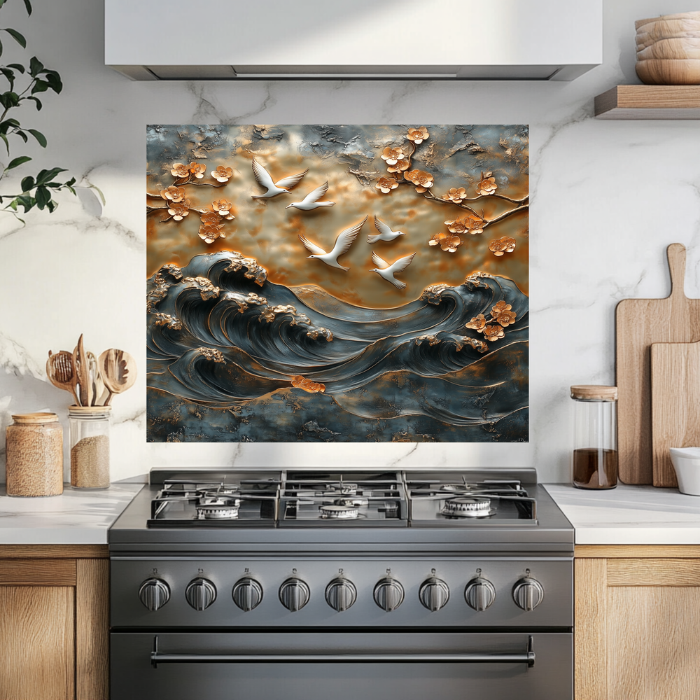 Waves and Pigeons Prints One Piece Tempered Glass Kitchen Splashback For Stove Behind, Kitchen Backsplash, Wall Art
