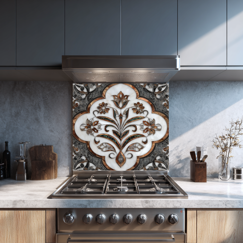 Ottoman Pattern on Marble Print Background Glass Backsplash for Kitchen Stove, Custom Wall Art, Heat-Resistant Kitchen Decor