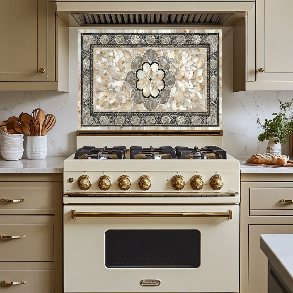Ottoman Pattern on Marble Print Background Glass Backsplash for Kitchen Stove, Custom Wall Art, Heat-Resistant Kitchen Decor