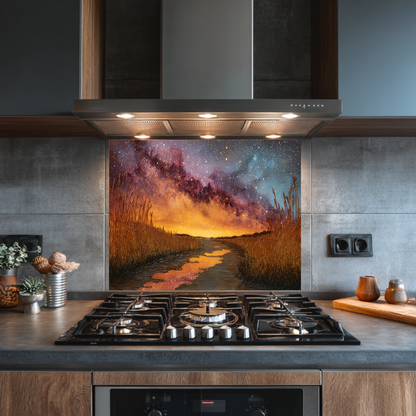 Starry Sky Nature Glass Backsplash • Night Landscape Kitchen Panel • Cosmic Forest Wall Art • Scenic Galaxy Design