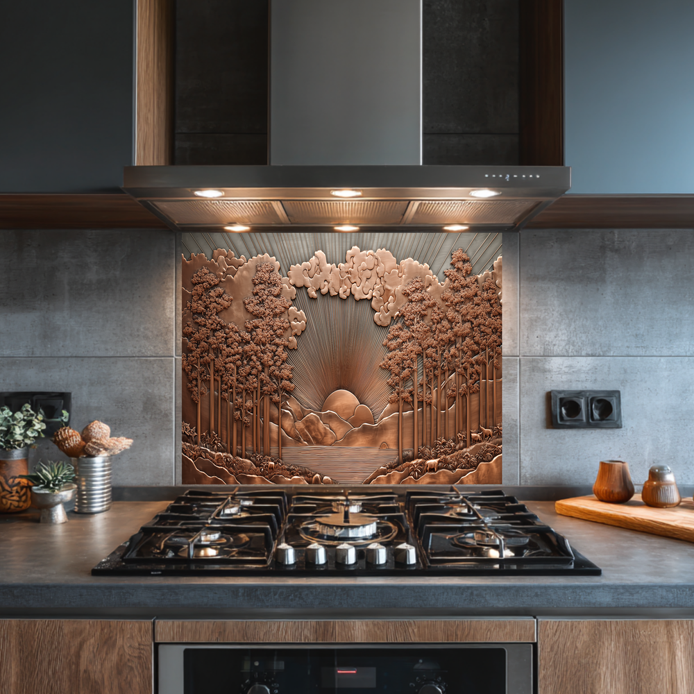 Copper Tone Sun Shine & Glass Tree Landscape Printed Tempered Glass Kitchen Backsplash Splashback or Wall Art Panel