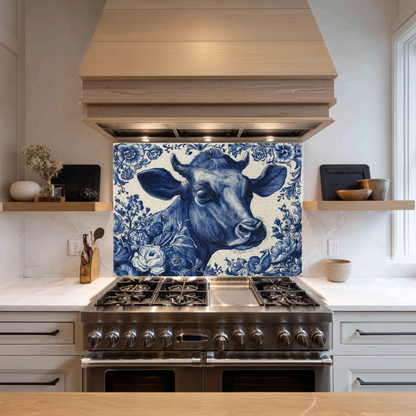 Delft Blue Cow Glass Backsplash Panel, Tempered Glass Wall Art, Dutch Farmhouse Kitchen Decor, Cow Pattern Tile, Rustic Animal Wall Panel