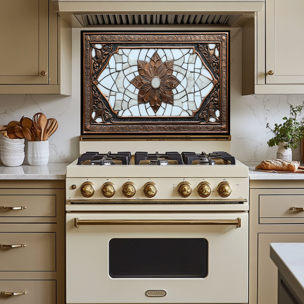 Copper Ottoman Tile Pattern Printed Tempered Glass Kitchen Splashback Backsplash Decorative Wall Panel for Stove Behind and Interior Decor