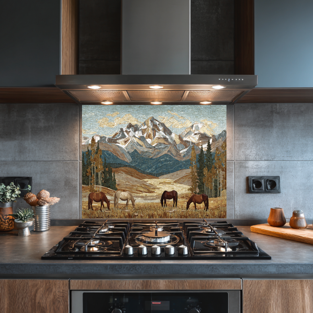 Nature and Horses Mosaic Glass Backsplash • Rustic Kitchen Panel • Artistic Equestrian Wall Art • Scenic Animal Design