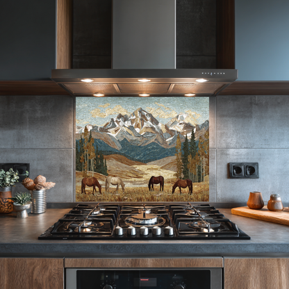 Nature and Horses Mosaic Glass Backsplash • Rustic Kitchen Panel • Artistic Equestrian Wall Art • Scenic Animal Design