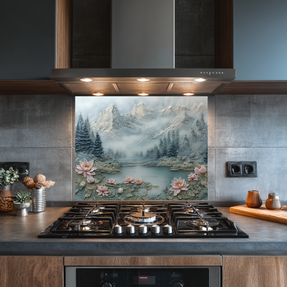 Made in USA, Floral Landscape Tempered Glass Backsplash Behind Stove & Wall Art – Rustic Pine Tree Splashback