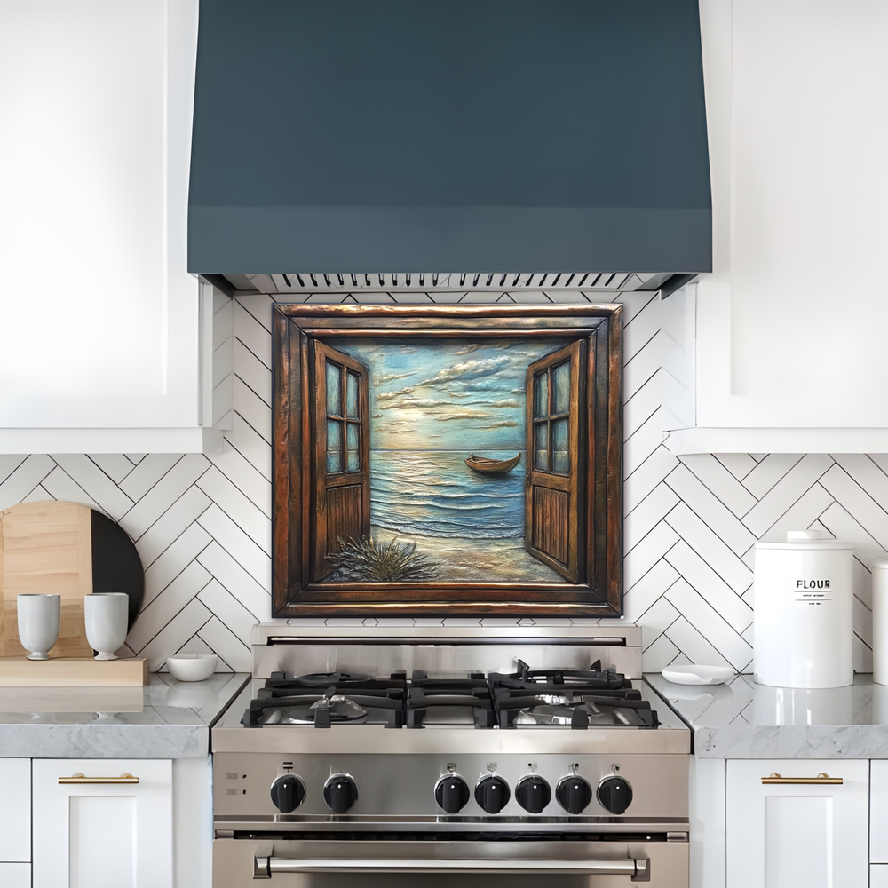 Wooden Window Prints One Piece Tempered Glass Kitchen Splashback For Stove Behind, Kitchen Backsplash, Wall Art